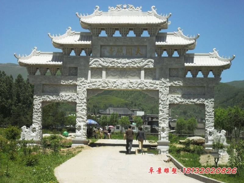 龙浮雕三门牌坊石雕 大理石寺庙石雕牌楼