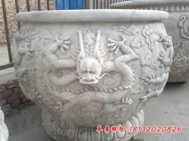 龙浮雕水缸 园林景观石雕