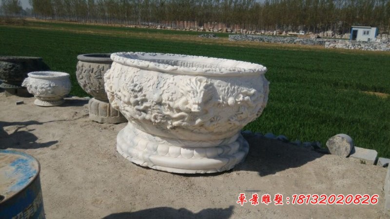 龙浮雕水缸 汉白玉石水缸