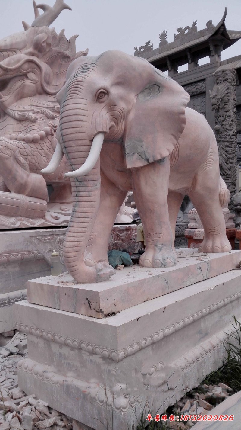 门口大象石雕 晚霞红大象雕塑 (2)