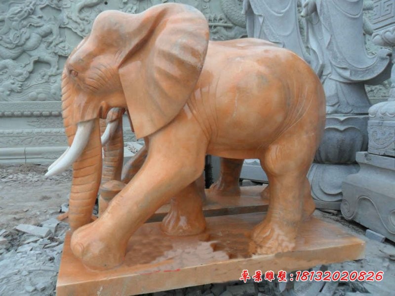 门口大象石雕 晚霞红大象雕塑