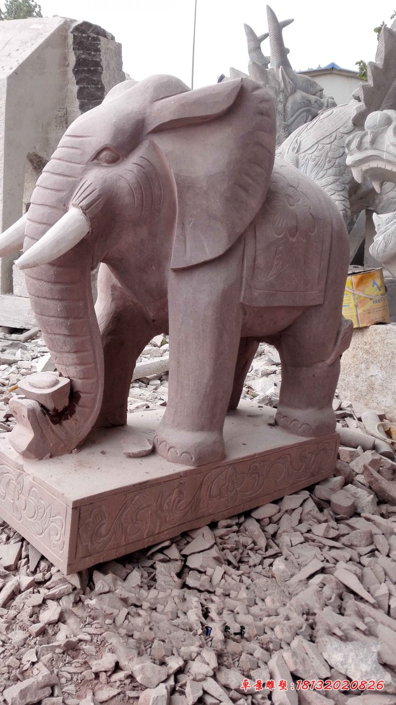 门口大象石雕 晚霞红大象雕塑 (3)