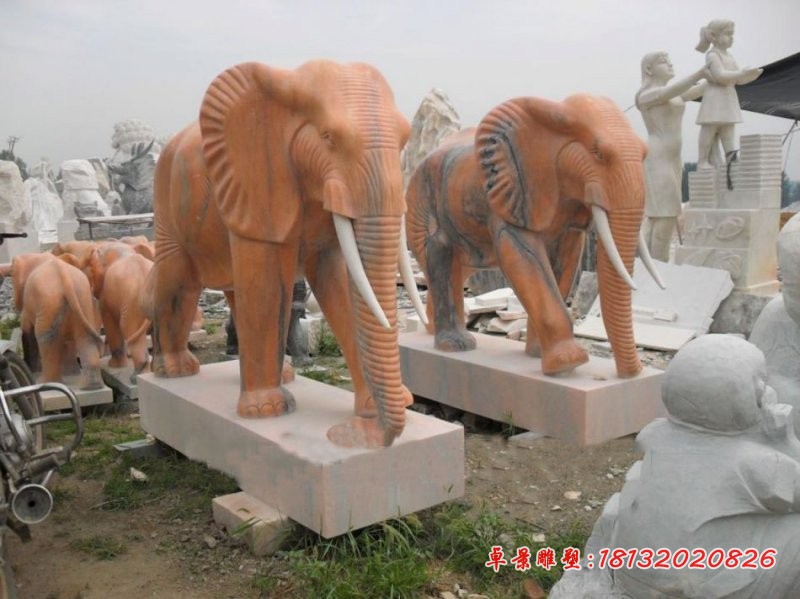 门口大象石雕 晚霞红动物雕塑