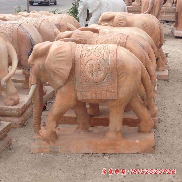 门口吉祥大象石雕晚霞红大象雕塑