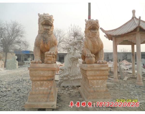 门口麒麟石雕 晚霞红古代神兽雕塑