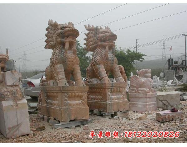 门口麒麟石雕 晚霞红古代神兽雕塑 