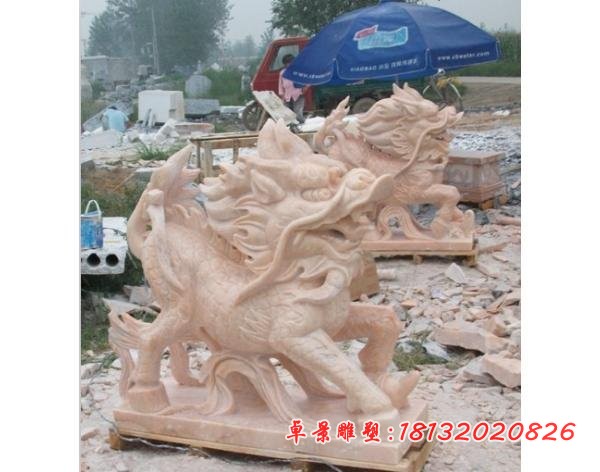 门口麒麟石雕晚霞红古代神兽雕塑