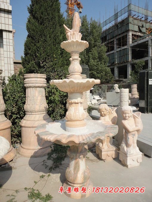 喷水鲤鱼喷泉石雕 晚霞红三层喷泉石雕