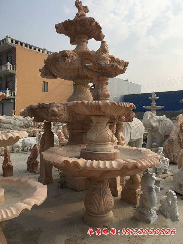 喷水鲤鱼喷泉 晚霞红三层喷泉石雕 
