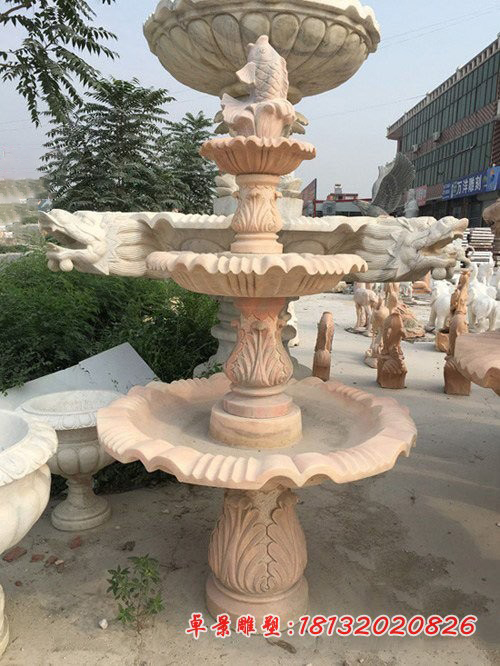 喷水鲤鱼喷泉 晚霞红三层喷泉石雕