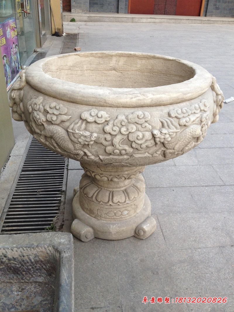 麒麟祥云浮雕鱼缸 石雕鱼缸