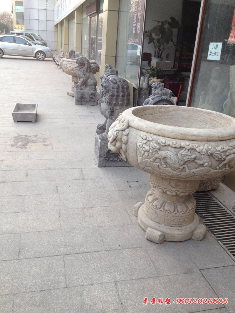 麒麟祥云浮雕鱼缸 石雕鱼缸 