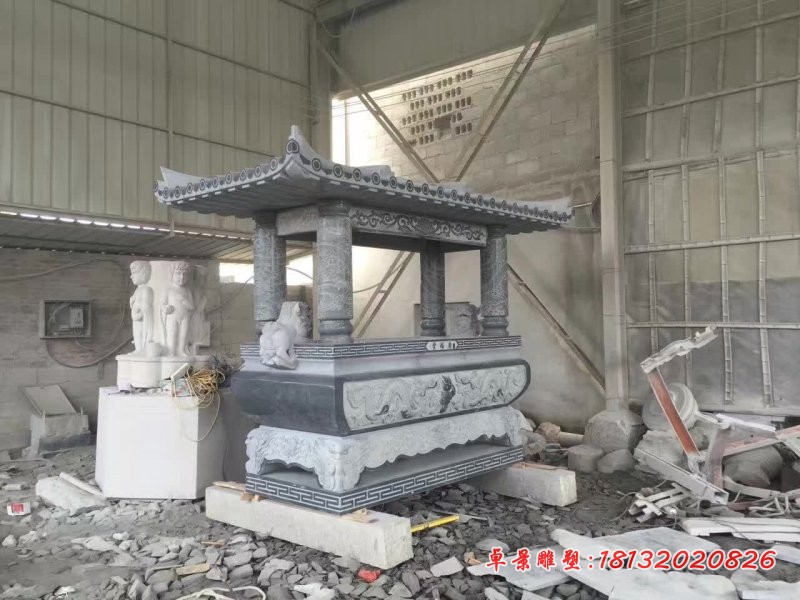 青石带顶香炉，寺庙香炉石雕