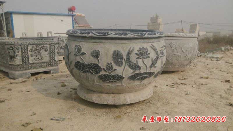 青石仿古公园水缸 鲤鱼荷花浮雕石水缸
