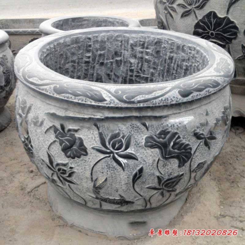 青石仿古公园水缸 鲤鱼荷花浮雕石水缸