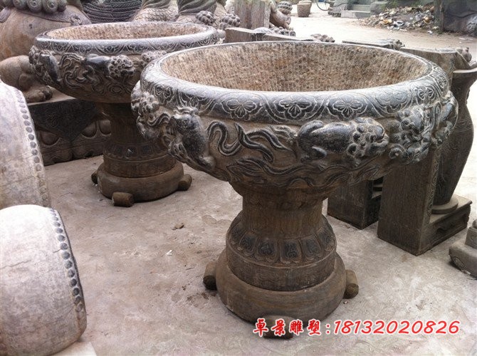 青石仿古花盆 公园景观石雕