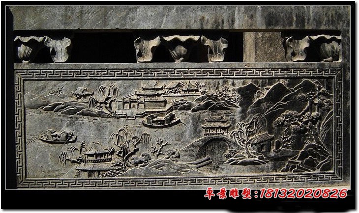 青石仿古栏板  山水风景浮雕石栏板