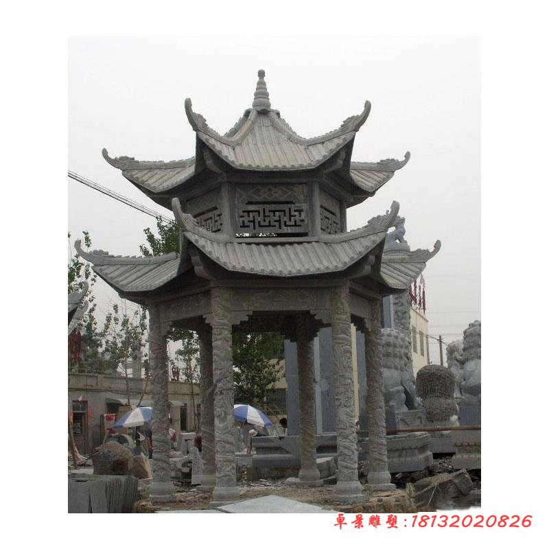 青石仿古六角凉亭石雕 公园石雕凉亭