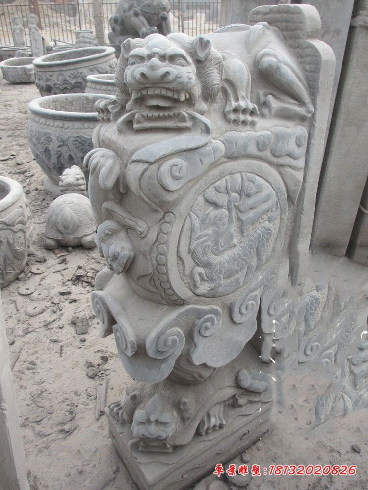 青石仿古狮子抱鼓石 石雕门口门墩
