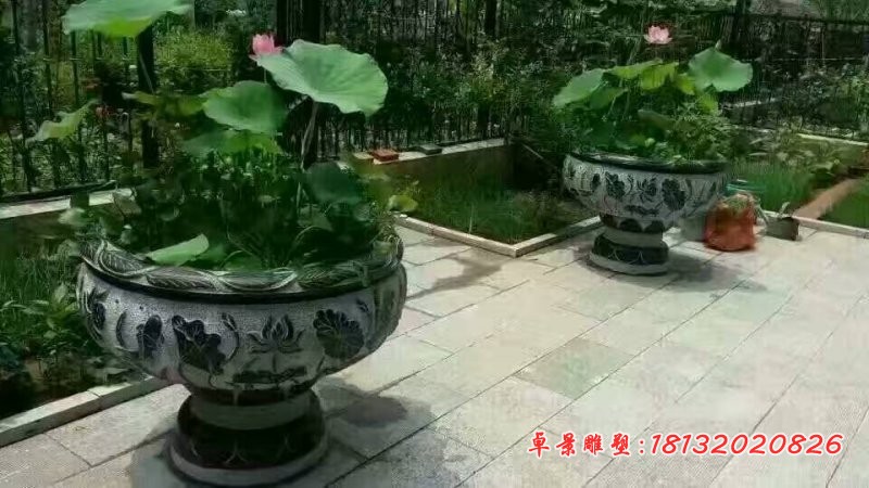 青石仿古水缸，庭院荷花水缸石雕