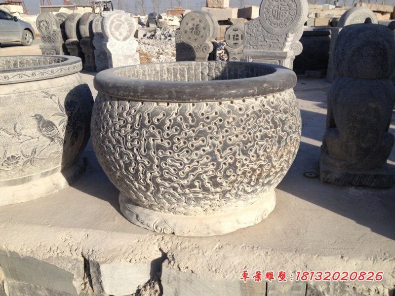 青石仿古水缸，公园景观石雕