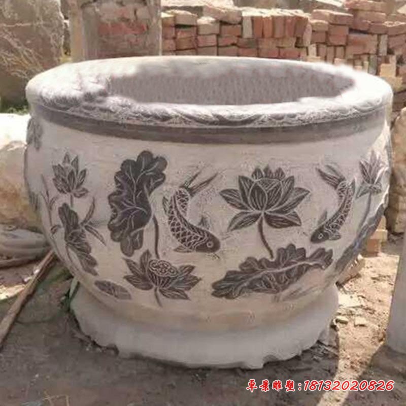 青石仿古水缸雕塑 鲤鱼荷花浮雕石水缸
