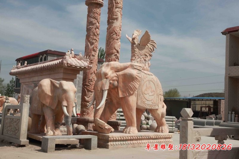 如意大象石雕，晚霞红门口石雕大象