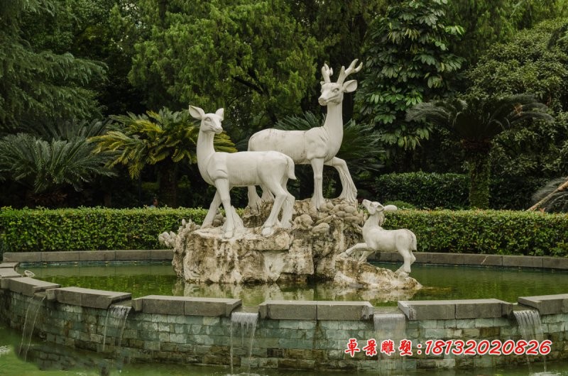 石雕梅花鹿一家雕塑， 公园动物石雕