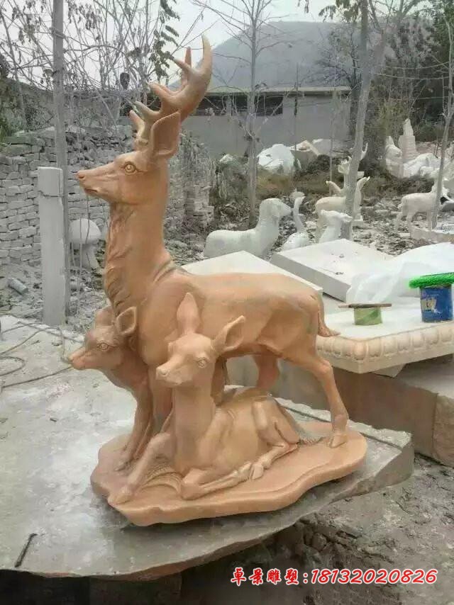 石雕母子鹿晚霞红动物雕塑