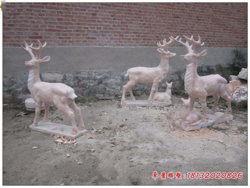 石雕母子鹿晚霞红动物雕塑