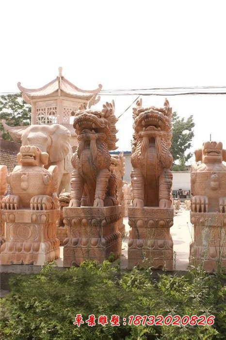 石雕麒麟 晚霞红古代神兽雕塑 