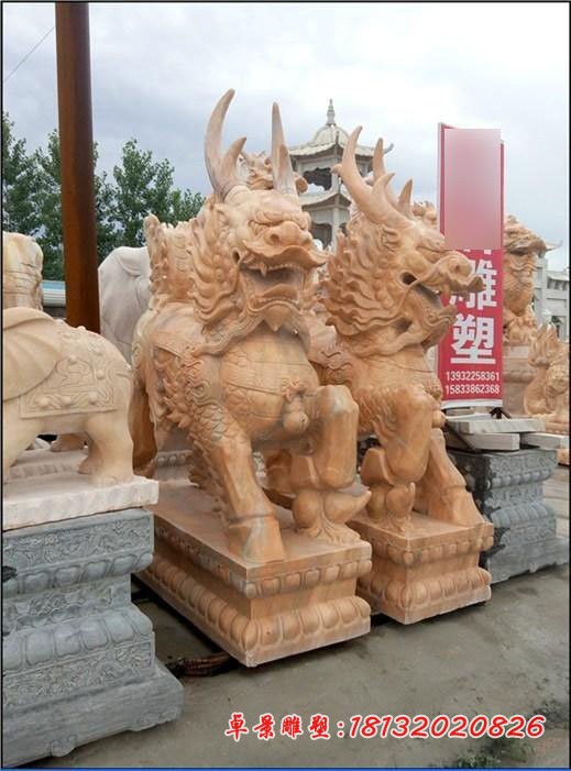 石雕麒麟 晚霞红古代神兽雕塑 