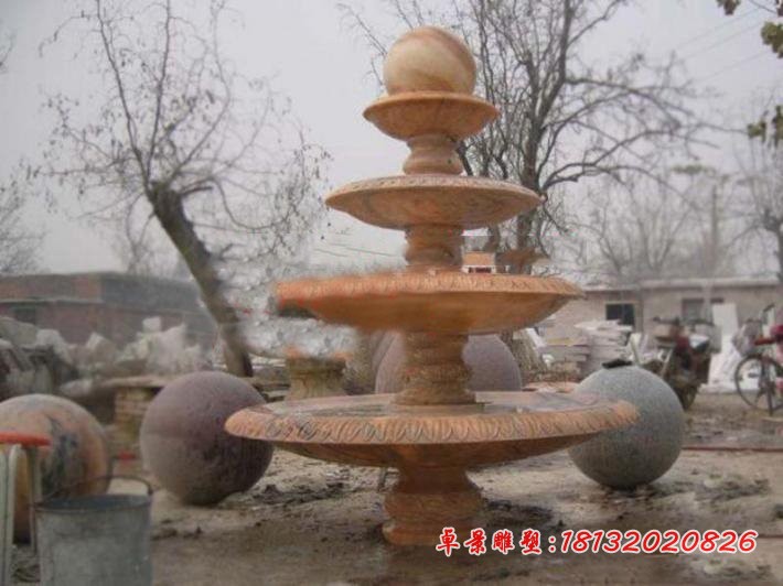 四层风水球石雕晚霞红风水球喷泉