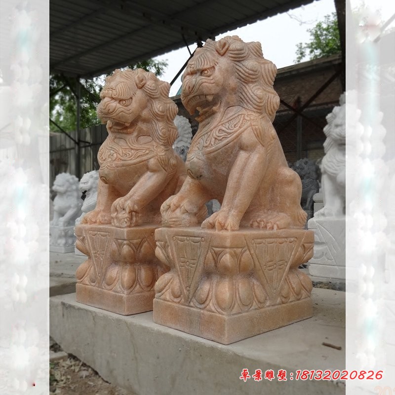 晚霞红北京狮看门狮子石雕 