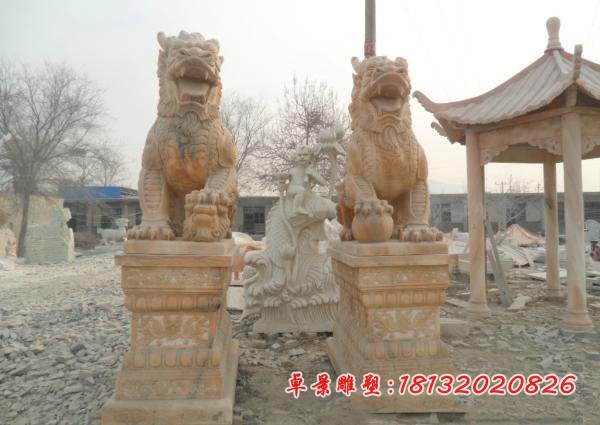 晚霞红踩球麒麟招财镇宅麒麟石雕