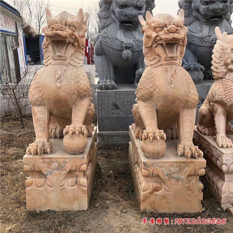 晚霞红踩球麒麟门口麒麟石雕