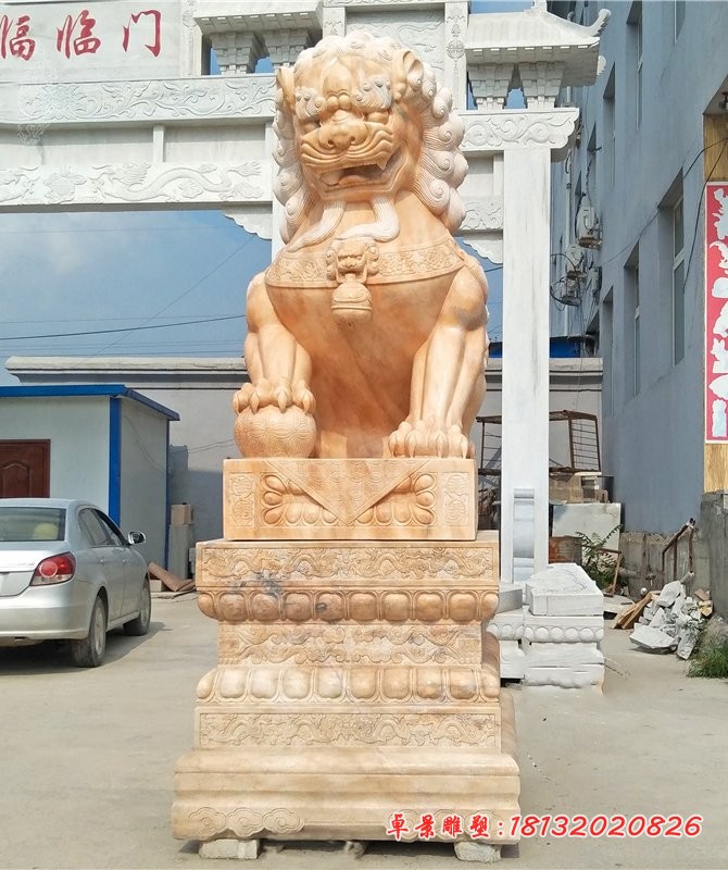 晚霞红踩球狮子石雕看门狮子石雕