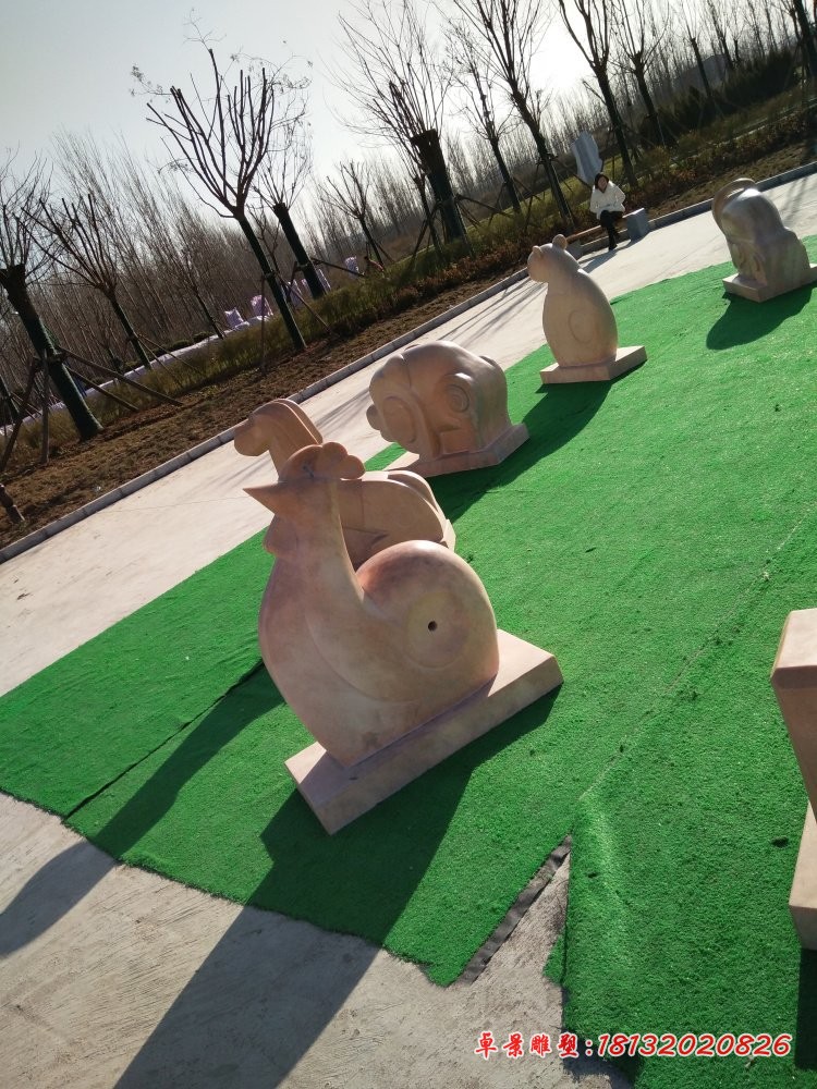 晚霞红抽象十二生肖石雕，动物石雕