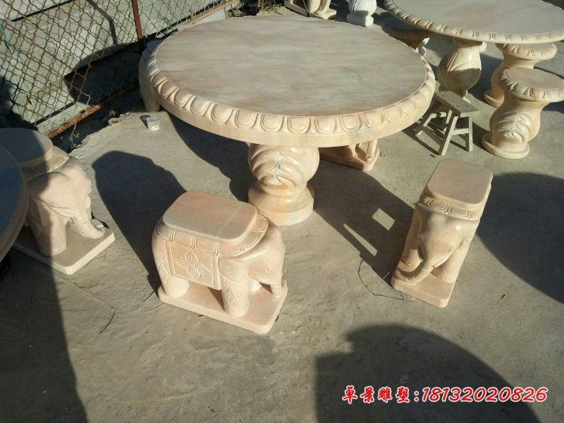 晚霞红大象桌凳石雕，庭院桌凳石雕