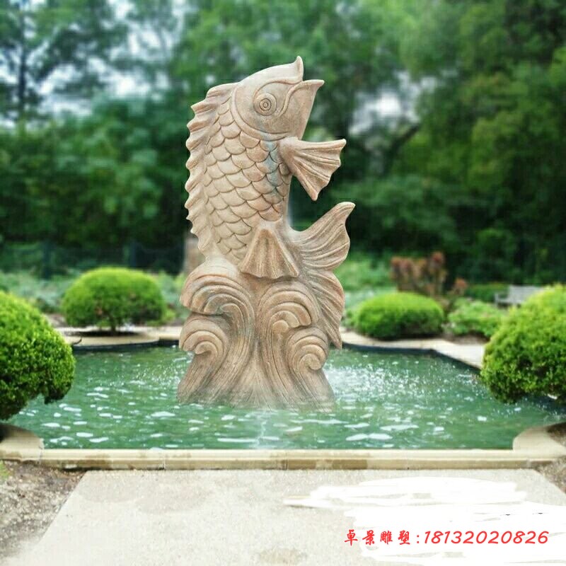 晚霞红大型鲤鱼喷泉石雕，公园喷泉石雕