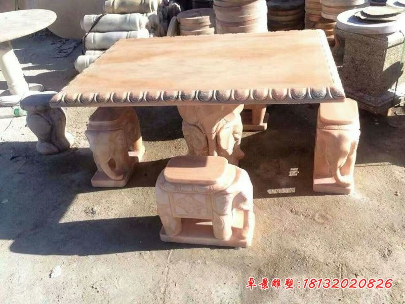 晚霞红方形桌凳，公园桌凳石雕