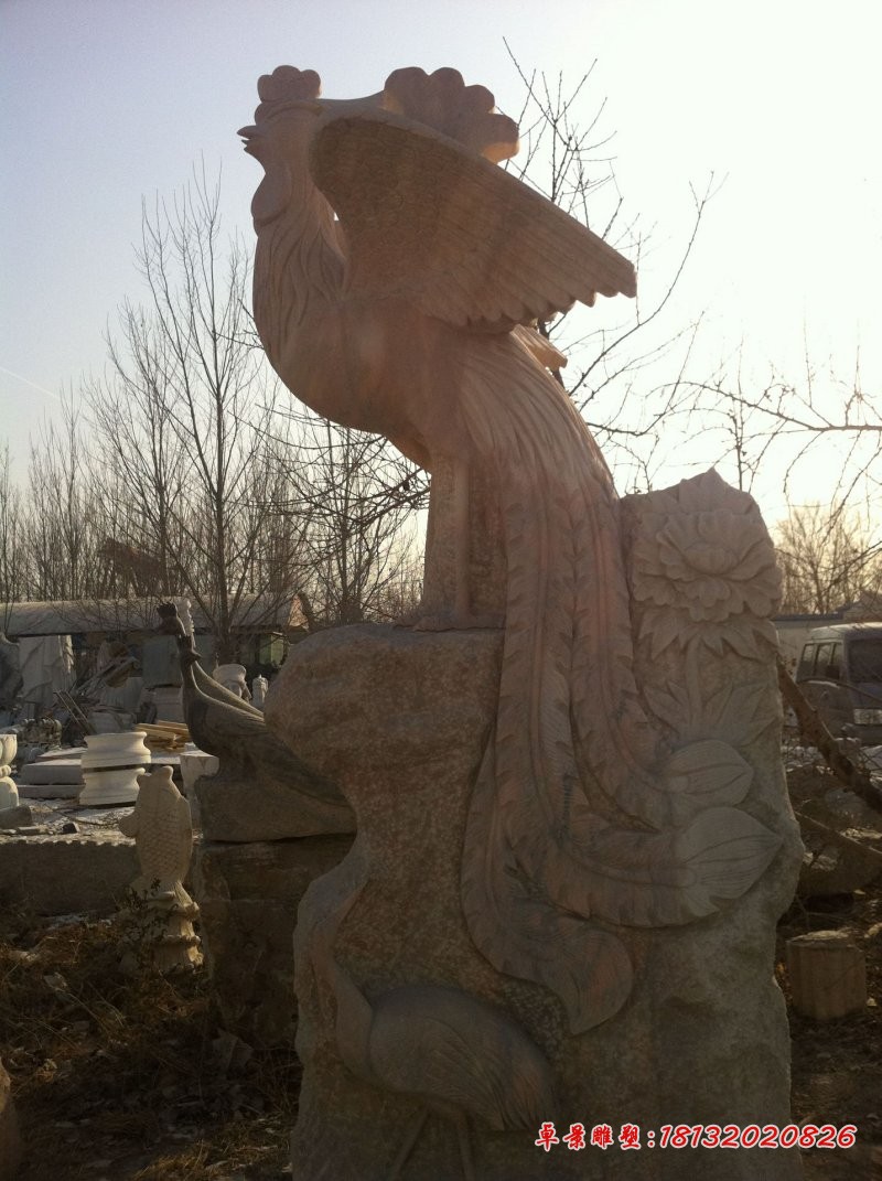 晚霞红凤凰牡丹石雕，公园景观石雕