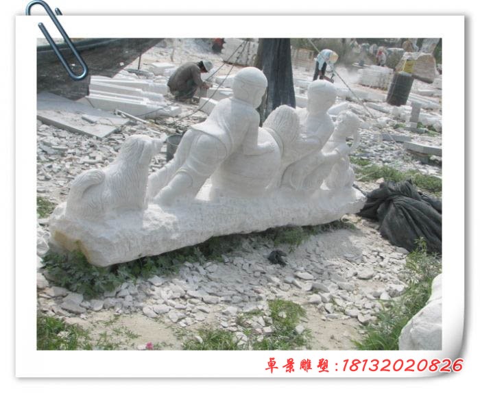 拔萝卜的儿童石雕,汉白玉公园人物石雕