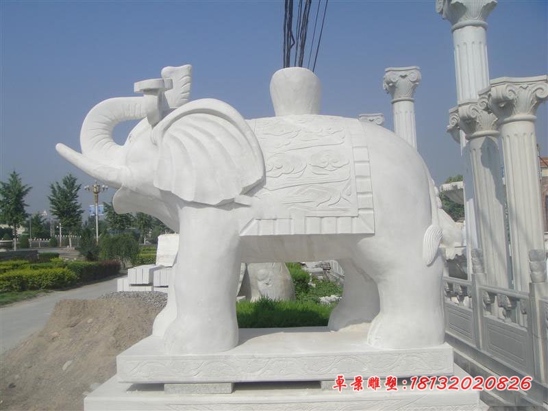 鼻卷如意的大象石雕,汉白玉门口大象雕塑