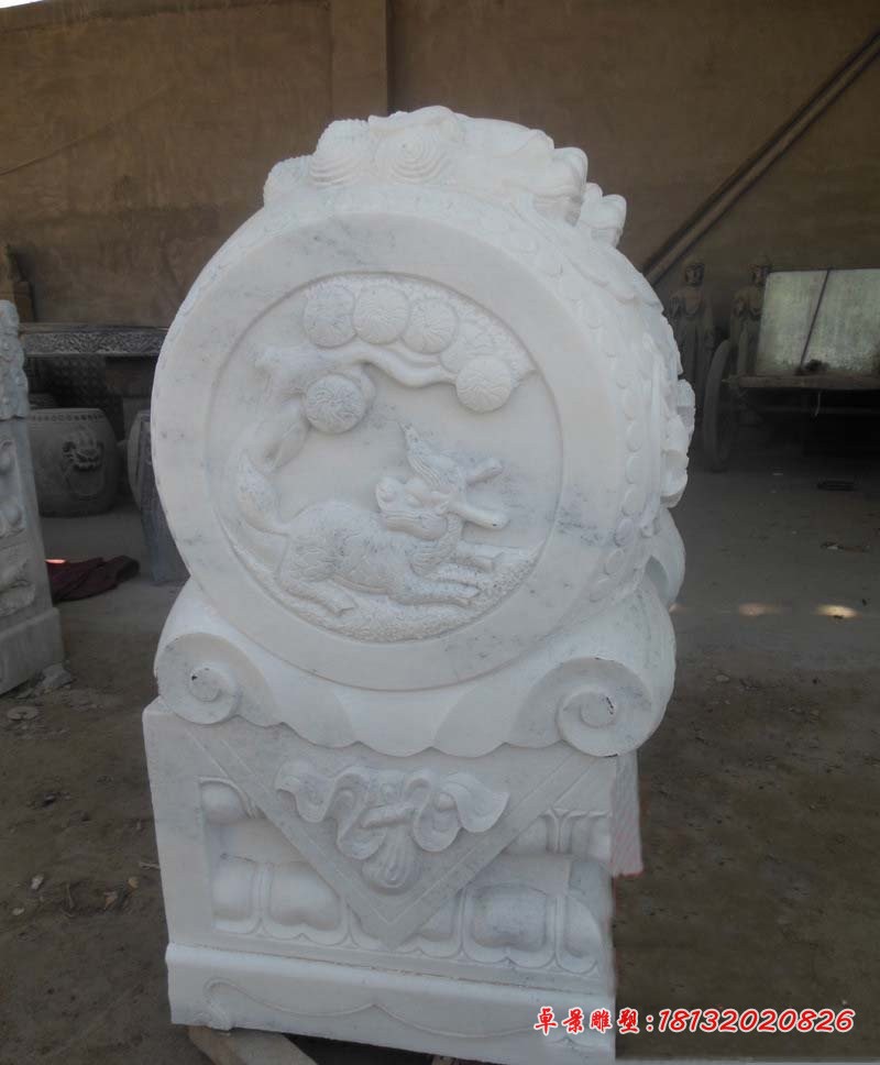 草白玉麒麟浮雕抱鼓石,门口门墩石雕