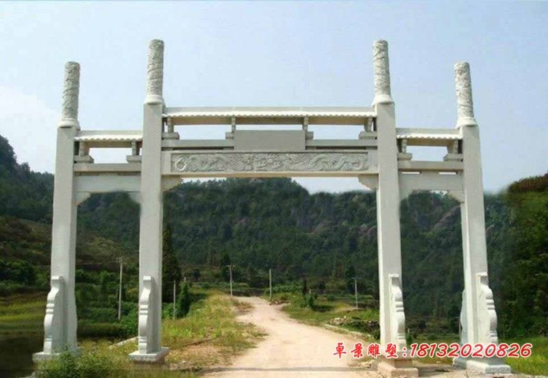 村口三门牌坊石雕,大理石简易牌坊石雕