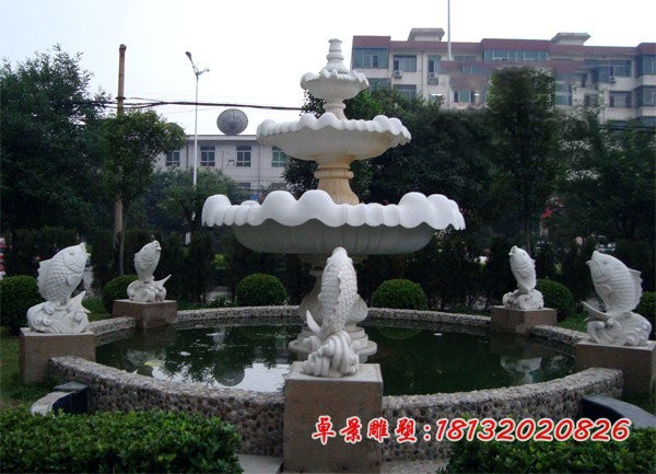 大理石三层喷泉,喷水鲤鱼石雕