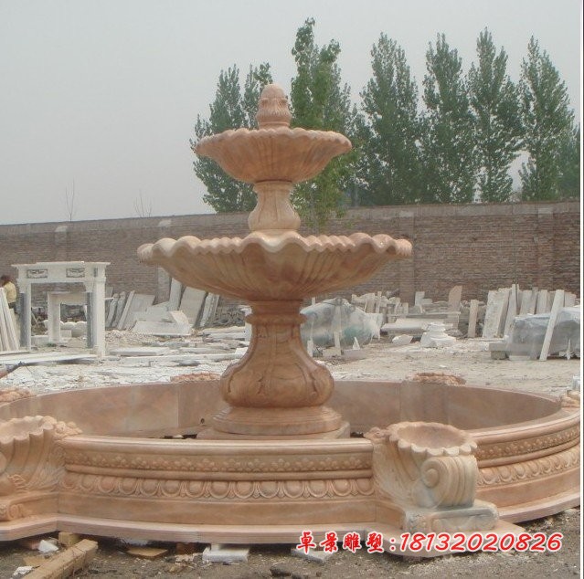 公园欧式喷泉石雕晚霞红双层喷泉雕塑