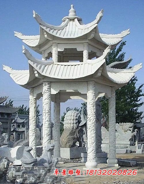 汉白玉六角双层凉亭,公园景观石雕