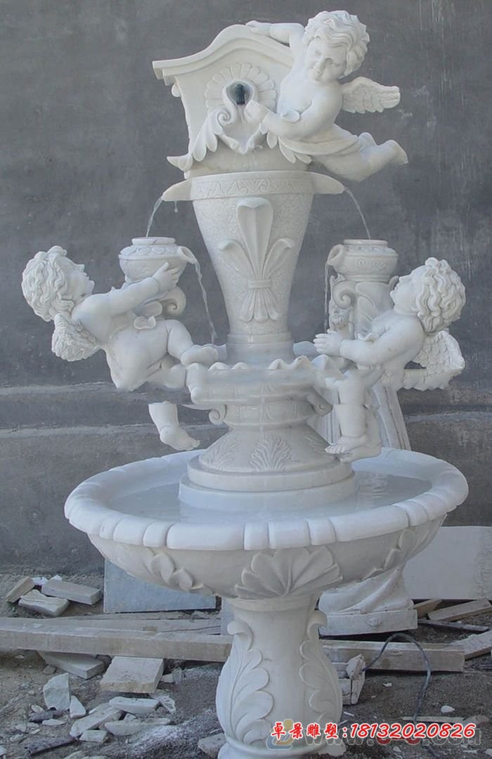 汉白玉西方天使喷泉,别墅欧式喷泉石雕